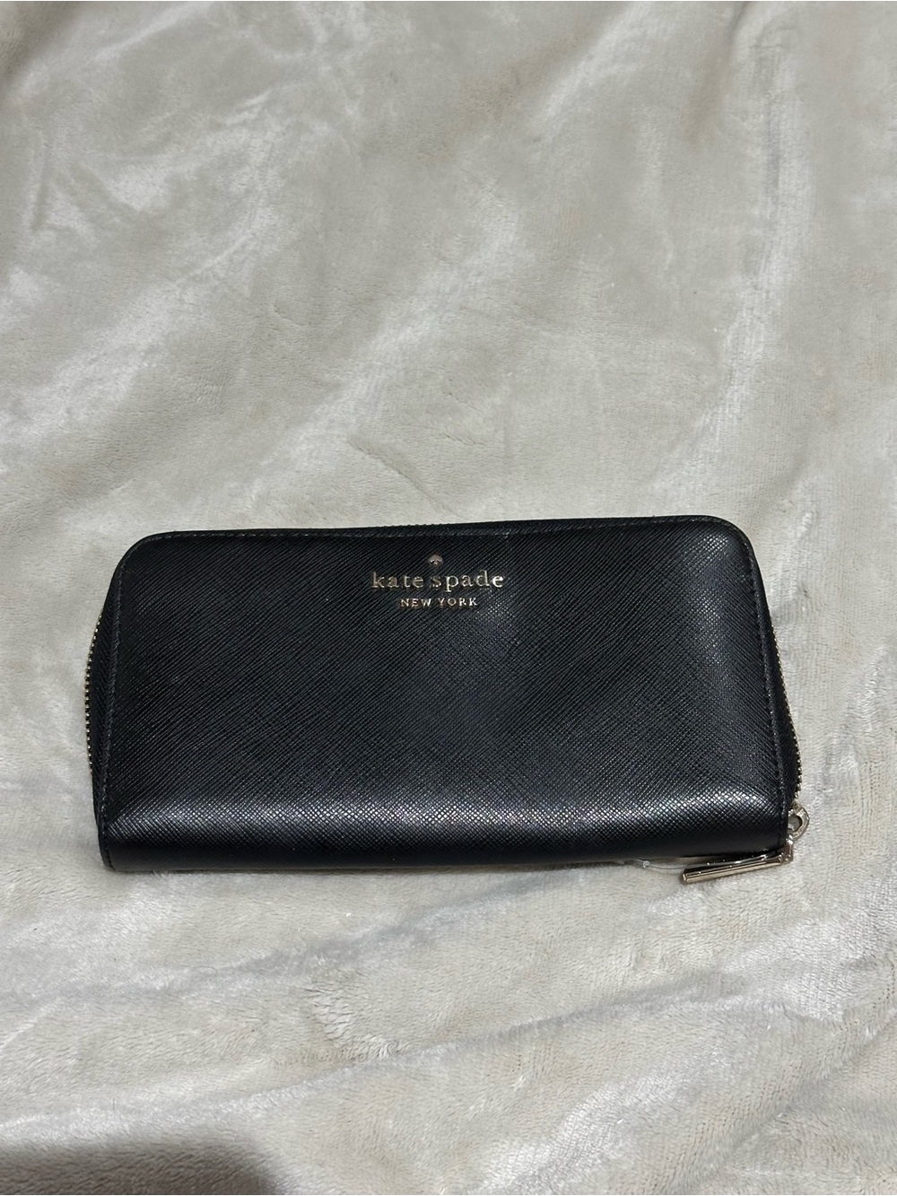 kate spade Black Saffiano Zip Wallet with Gold Logo